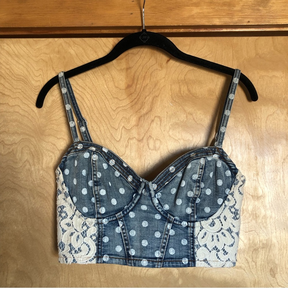 GUESS Jeans Denim and Lace Crop Top with Polka Dots - blue, cream, white, beige